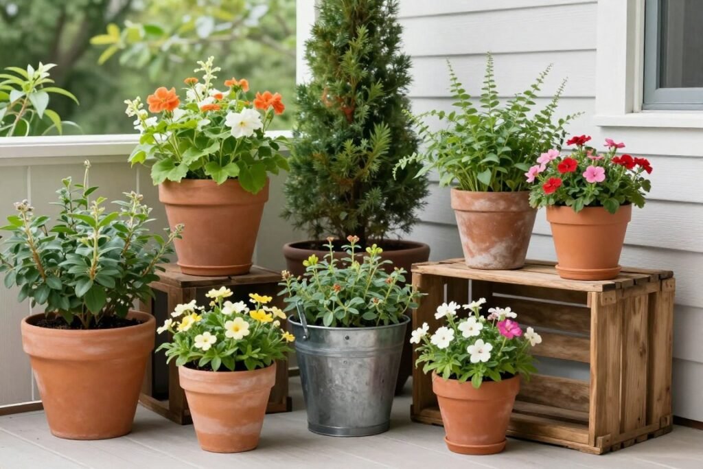 Budget patio with a mix of potted plants creating a lush garden feel
