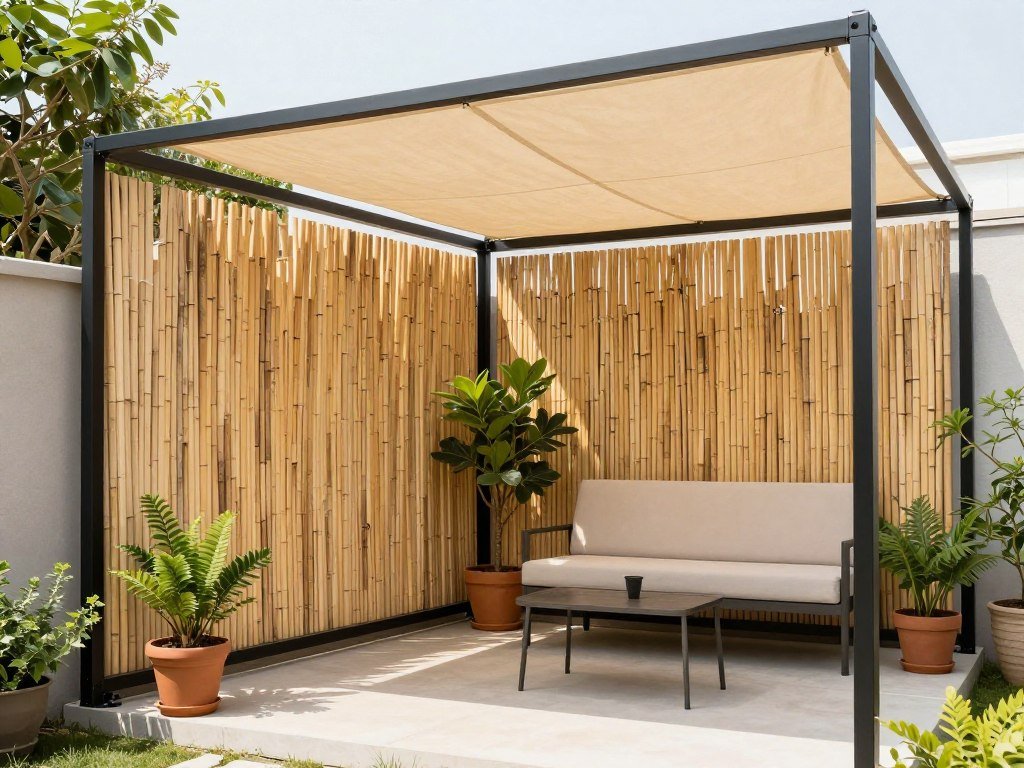 Budget patio with bamboo privacy screen and DIY canopy