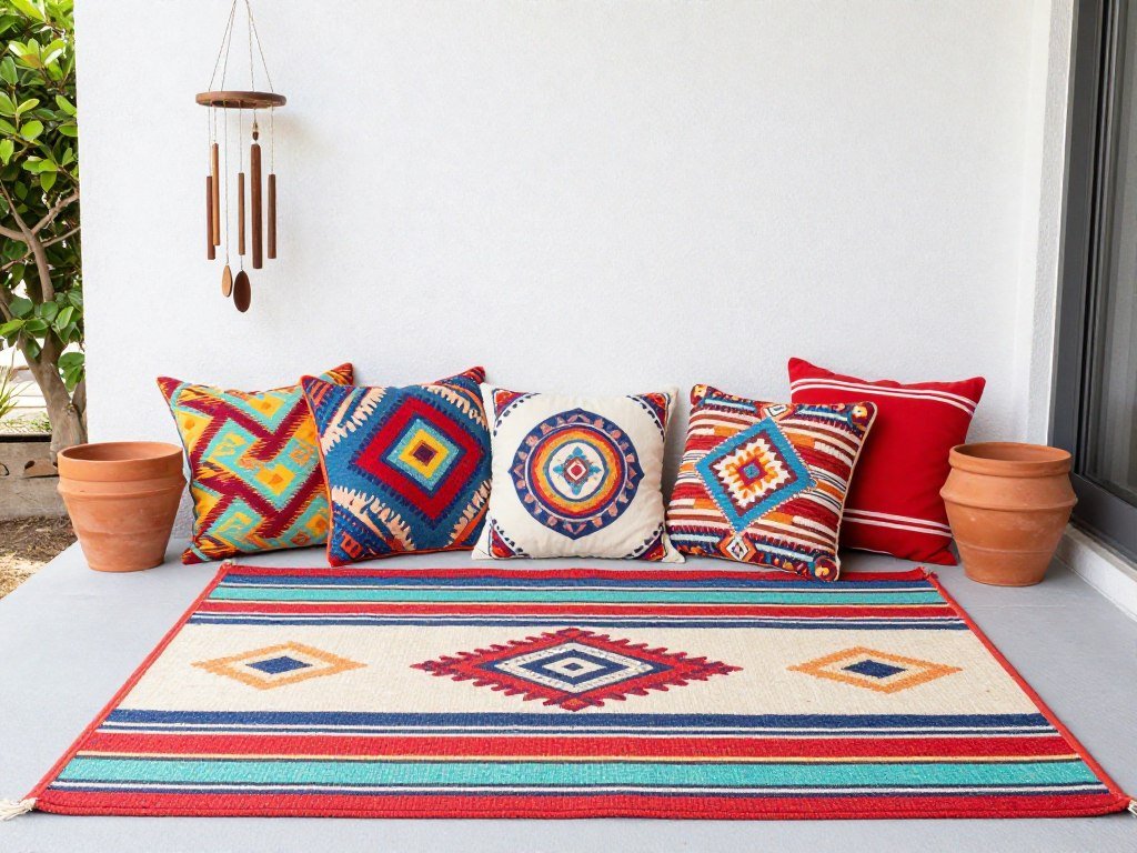 Budget patio with colorful textiles and DIY decor elements