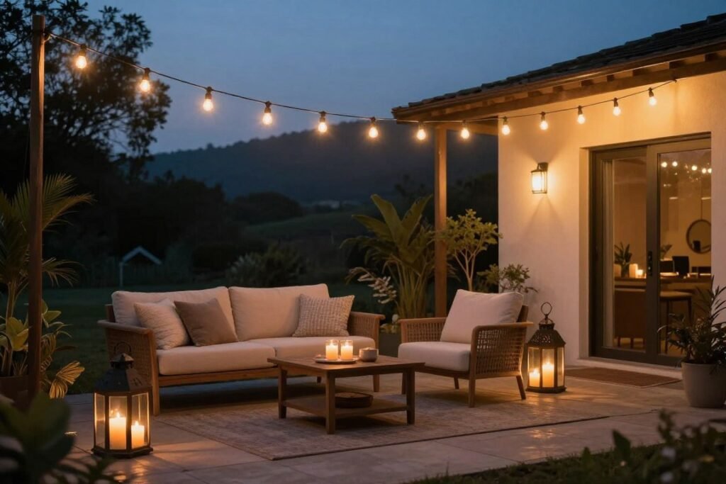 Budget patio with string lights and candles creating evening ambiance