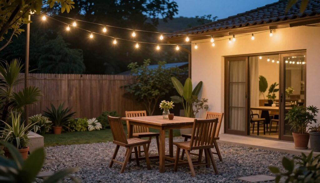 Budget patio with string lights creating evening ambiance over a simple outdoor dining area