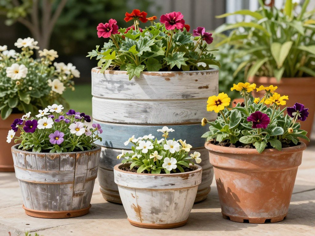 Budget patio with various repurposed containers used as planters