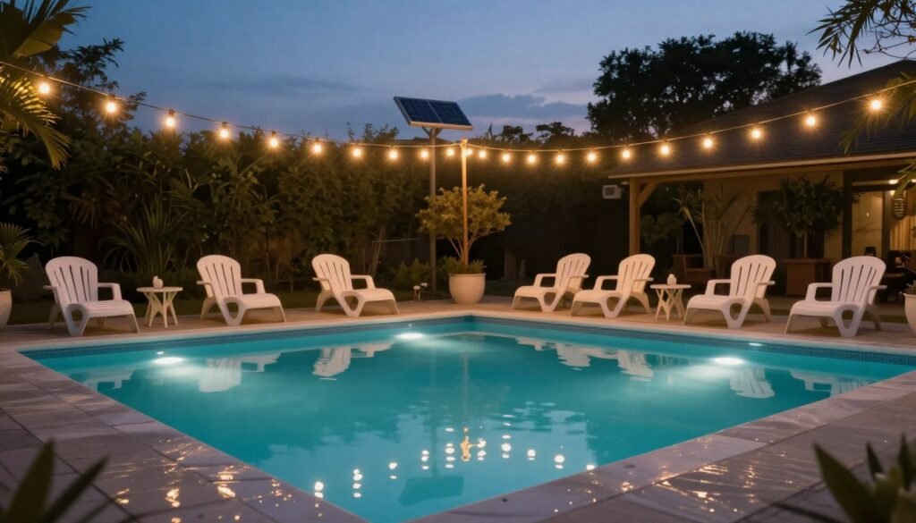 Budget pool area with solar string lights, floating LED lights, and inexpensive lounge chairs