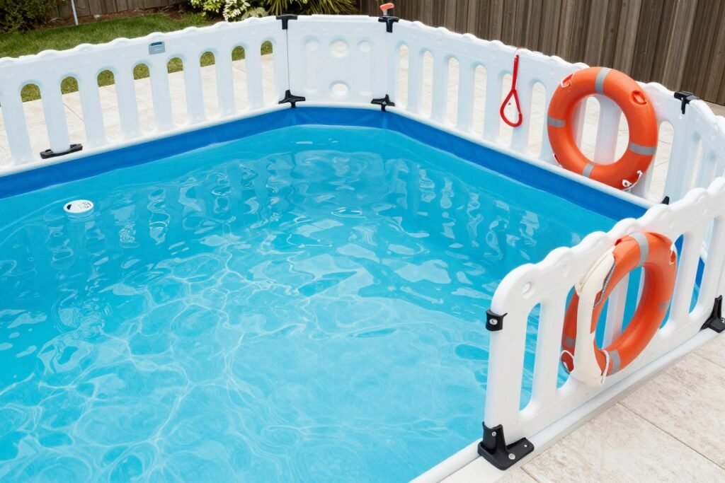Budget pool safety features including DIY fence, pool alarm, and safety hooks