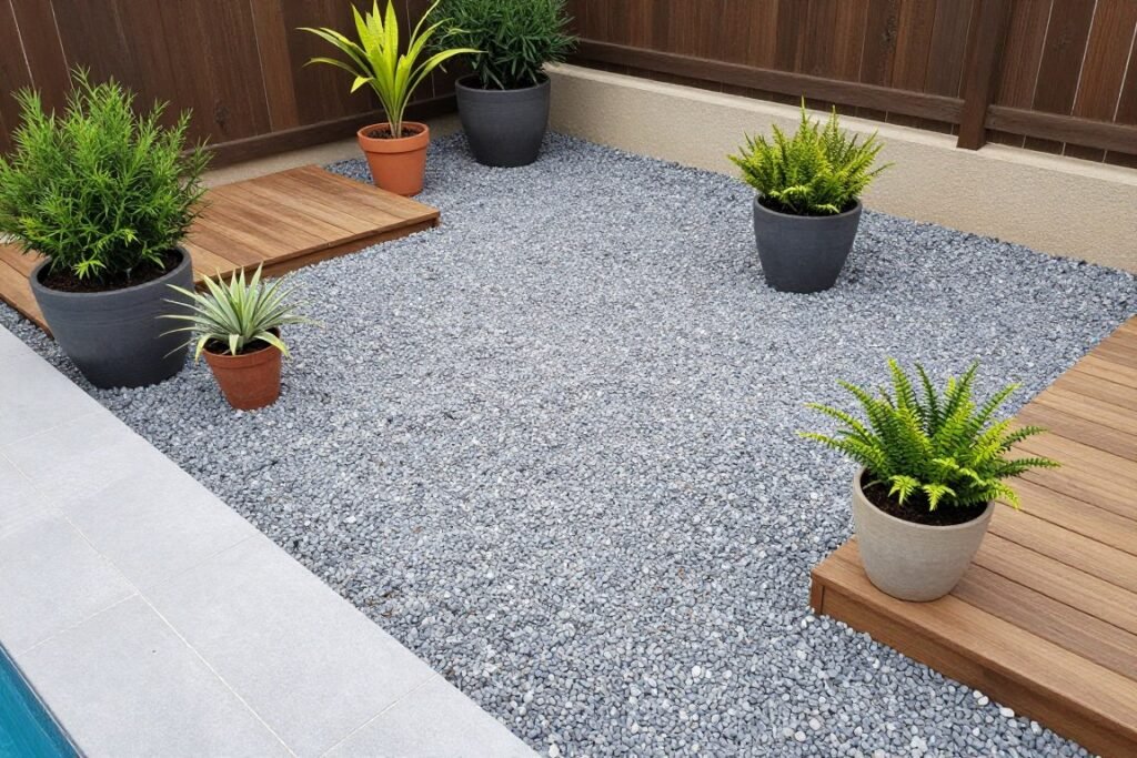 Budget pool surround with gravel, potted plants, and DIY wooden deck sections