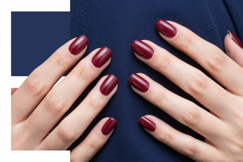 Burgundy nails next to navy blue fabric