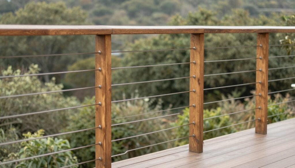 Cable railing with wooden posts balcony design