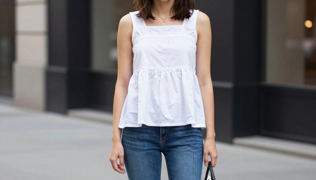 Casual everyday outfit with cotton babydoll top and jeans