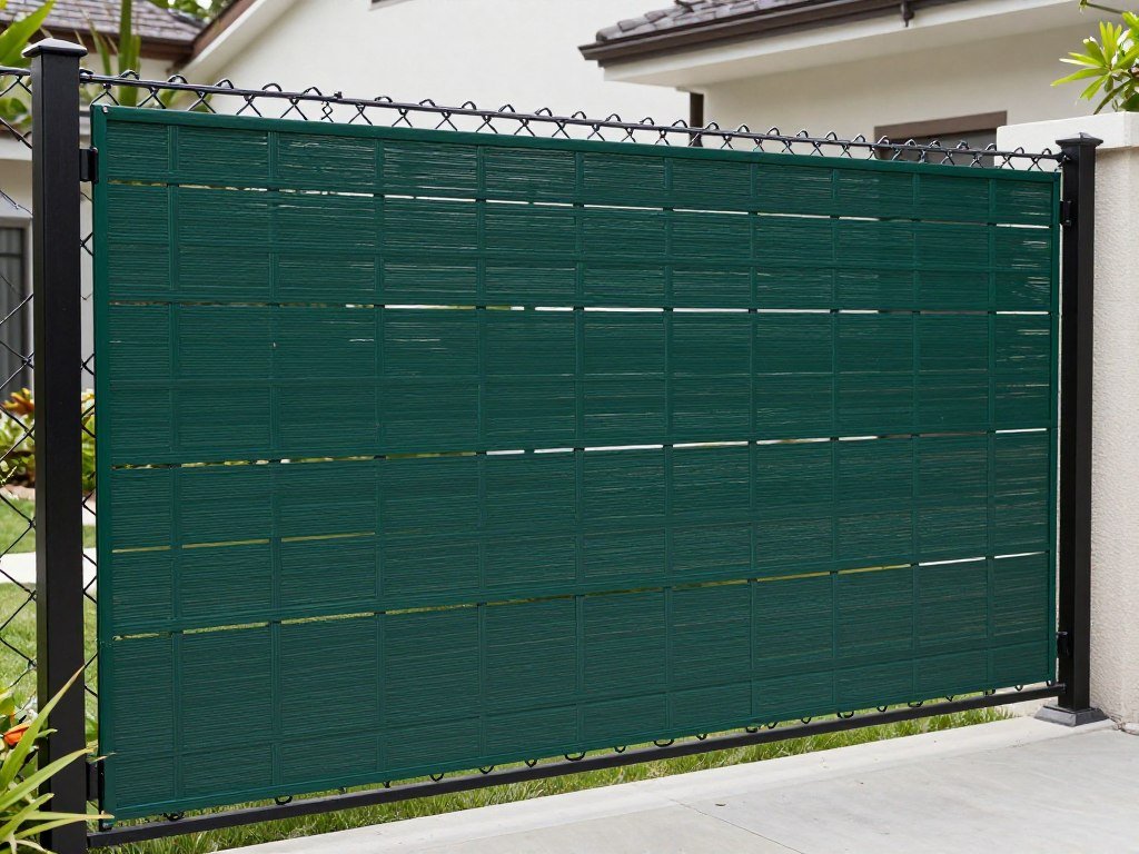 Chain link fence with privacy slats in a modern backyard setting