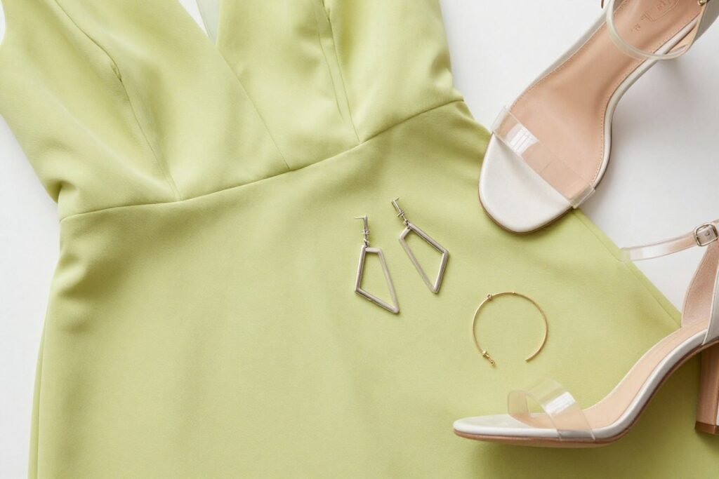 Chartreuse green dress fabric with modern geometric accessories