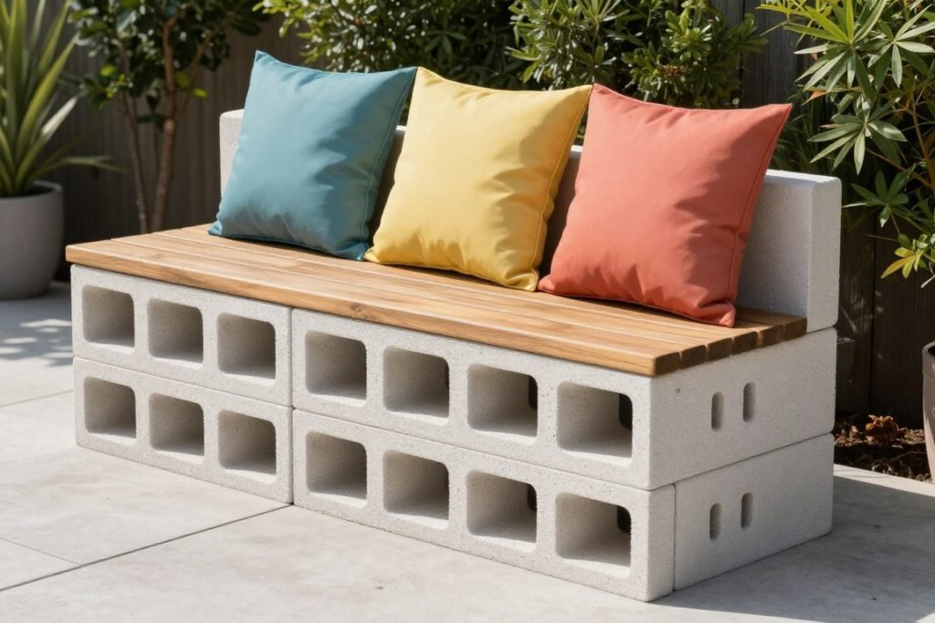 Cinder block bench with wooden top and colorful cushions