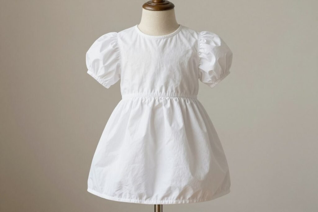 Classic babydoll mini dress with puff sleeves in white cotton fabric
