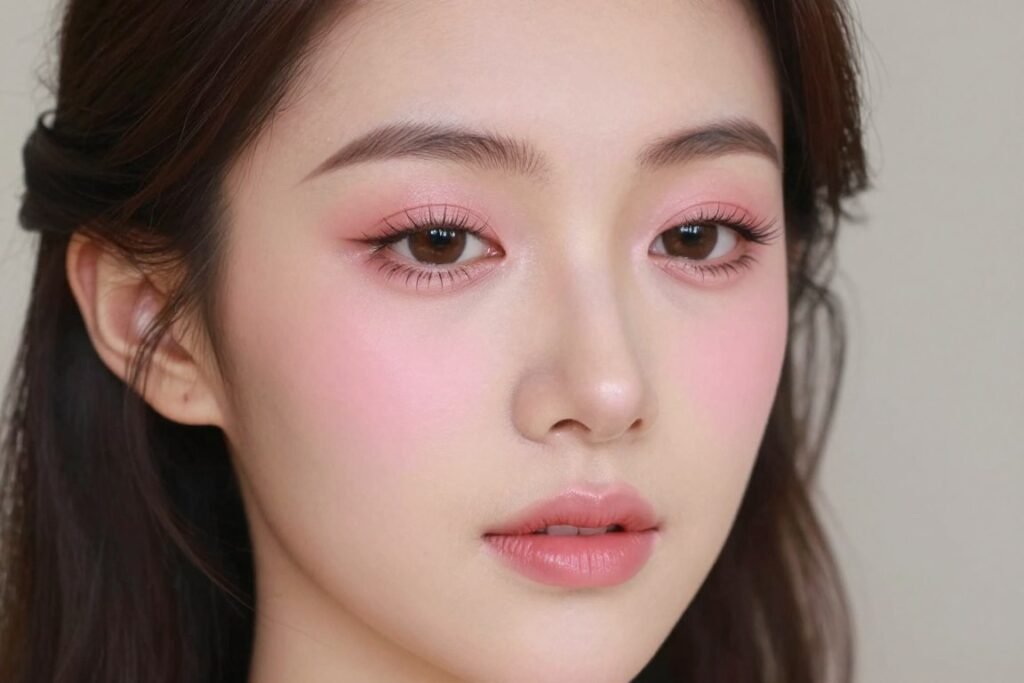 Classic romantic wedding guest makeup look with soft pink tones