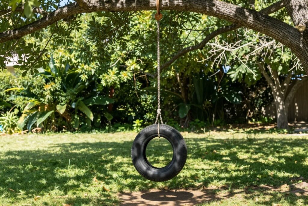 Classic tire swing hanging from a large tree branch, easy backyard ideas on a budget