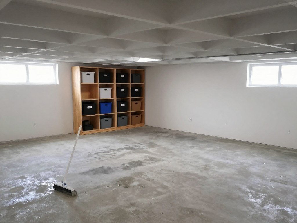 Clean, organized unfinished basement with storage solutions and defined zones