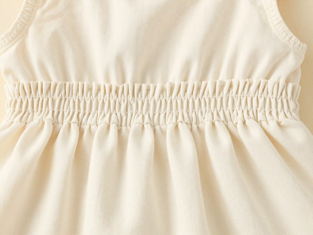 Close-up detail of babydoll dress showing smocked bodice and empire waistline