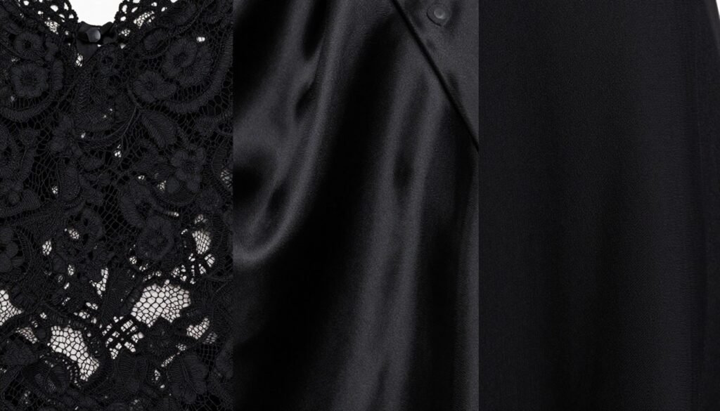 Close-up details of different black dress fabrics including lace, satin, and crepe textures