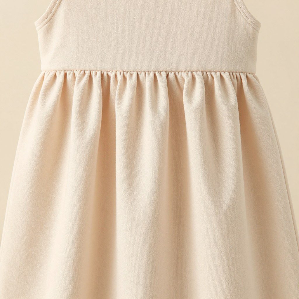 Close-up of babydoll dress showing empire waistline and flowing fabric