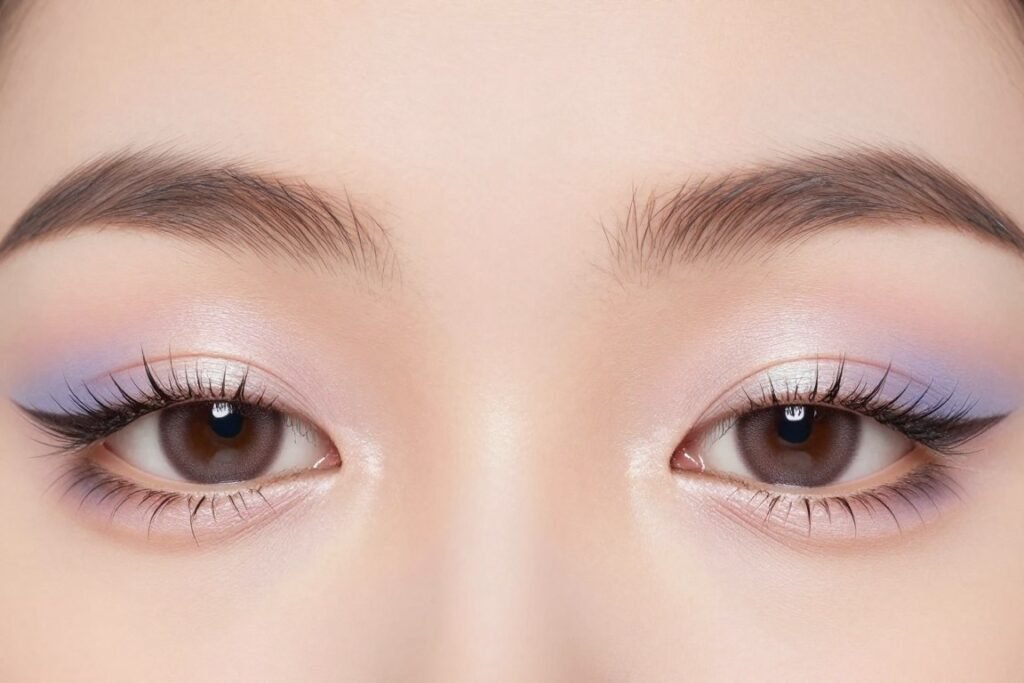 Close-up of babydoll makeup eyes with fluffy lashes and soft eyeshadow