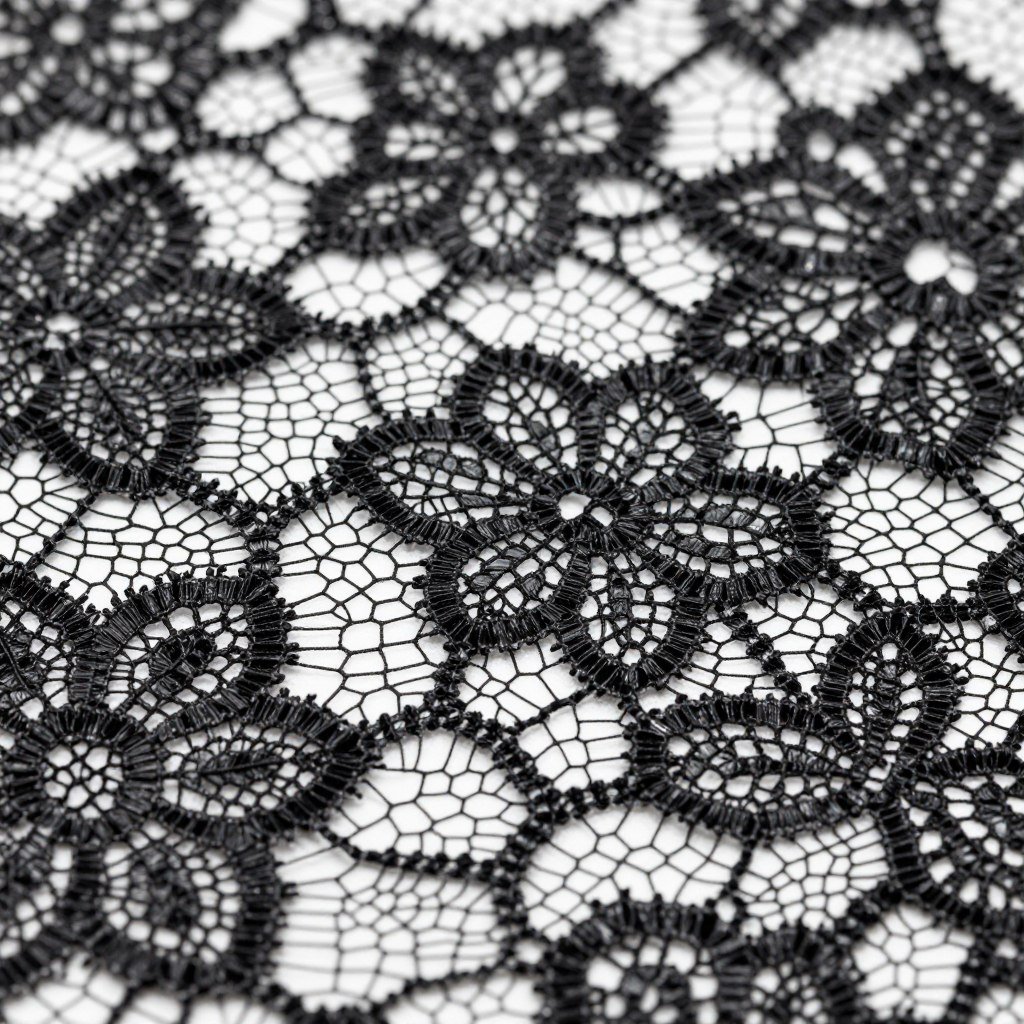 Close-up of black lace fabric showing intricate patterns and texture
