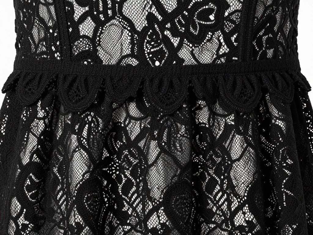 Close-up of black lace overlay dress with scalloped edges