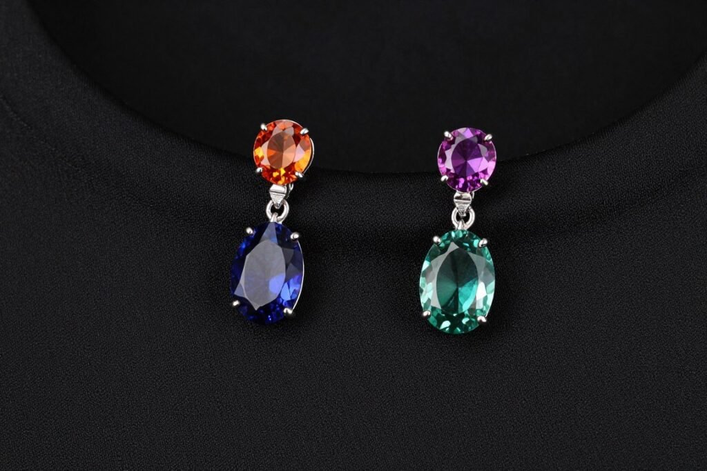 Close-up of colorful gemstone earrings paired with black dress neckline