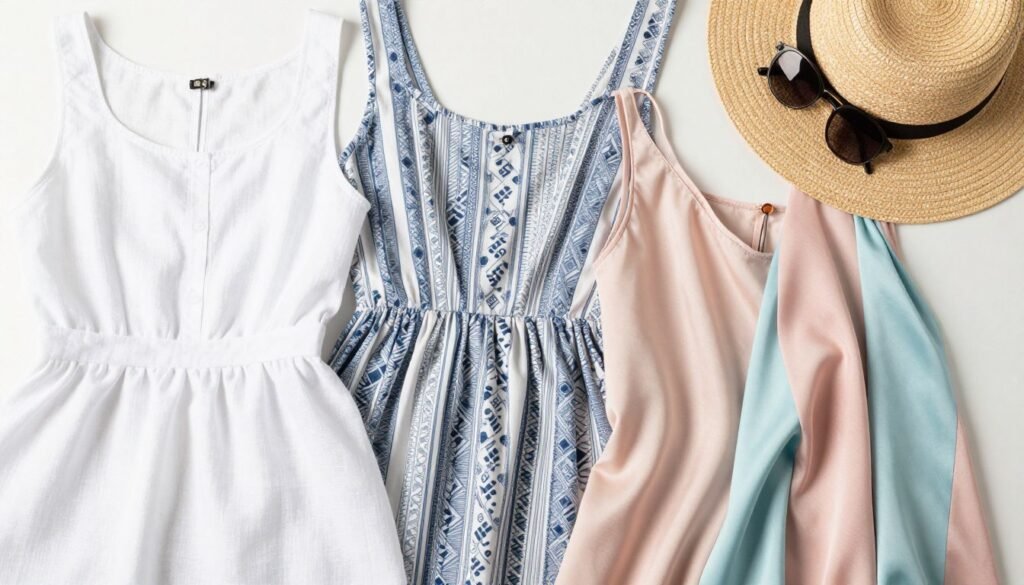 Close-up of different summer dress fabrics including linen, cotton, and silk