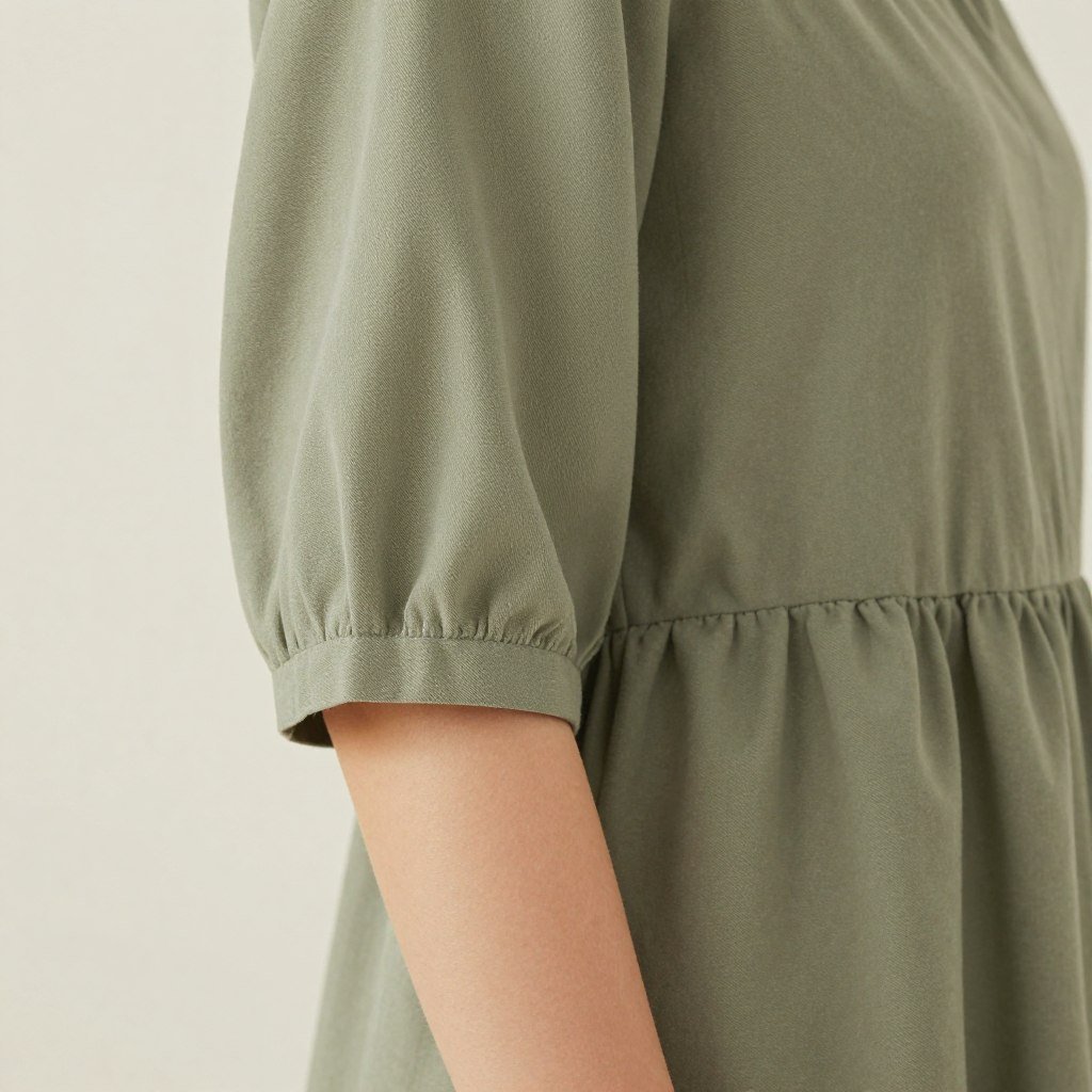 Close-up of elbow-length sleeves on a modest dress