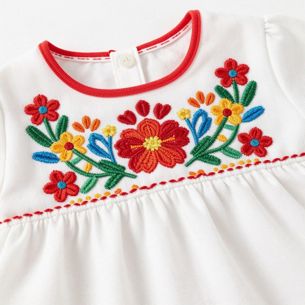 Close-up of embroidery detail on a white babydoll top