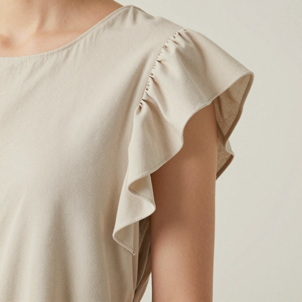 Close-up of flutter sleeve detail on a modest summer dress