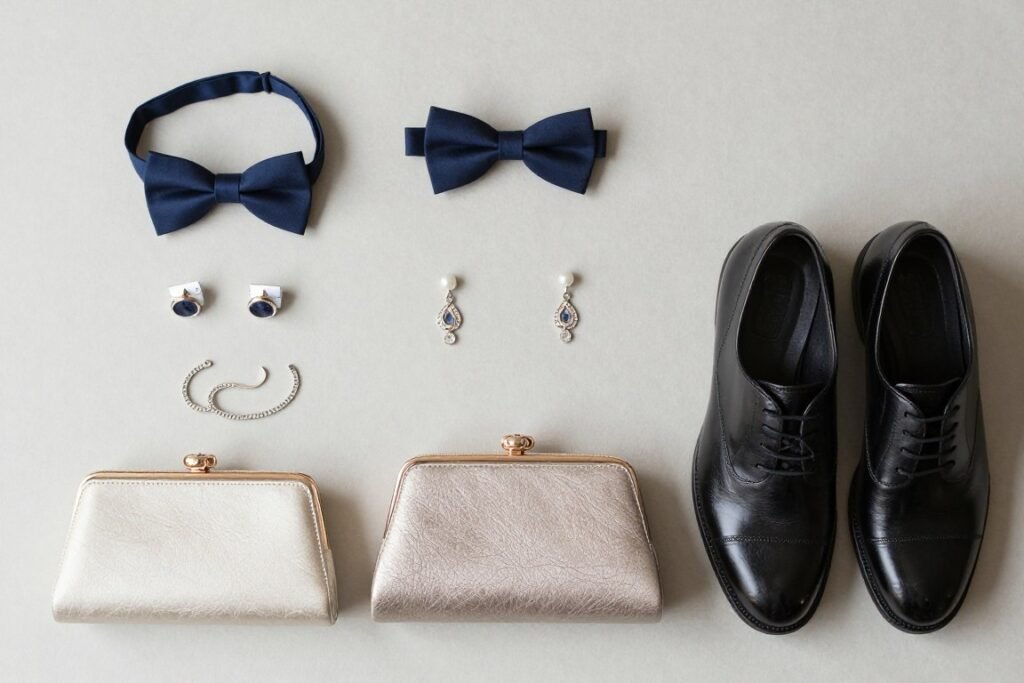 Close-up of formal wedding guest accessories for men and women