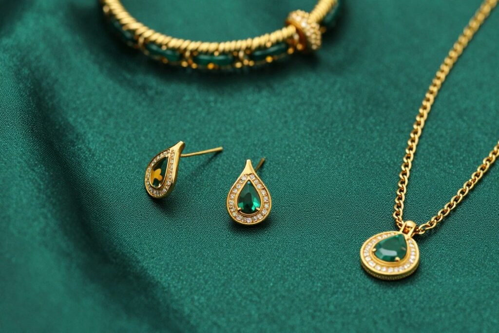 Close-up of gold accessories paired with emerald green dress fabric
