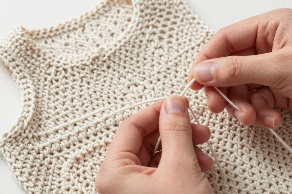 Close-up of hands working on a crochet babydoll top showing stitch detail