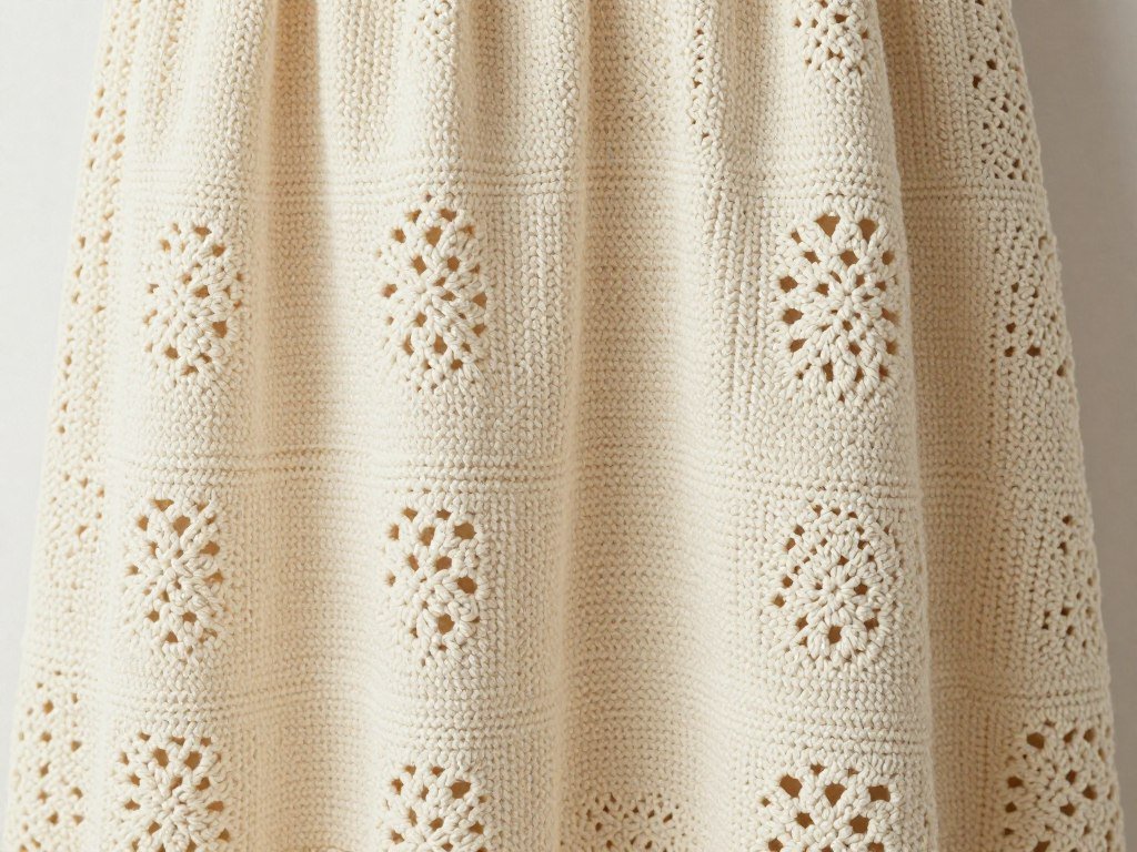 Close-up of intricate pattern on a cream crochet midi dress