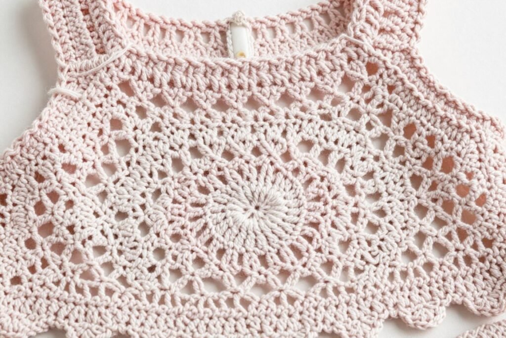 Close-up of lace pattern detail on a crochet babydoll top