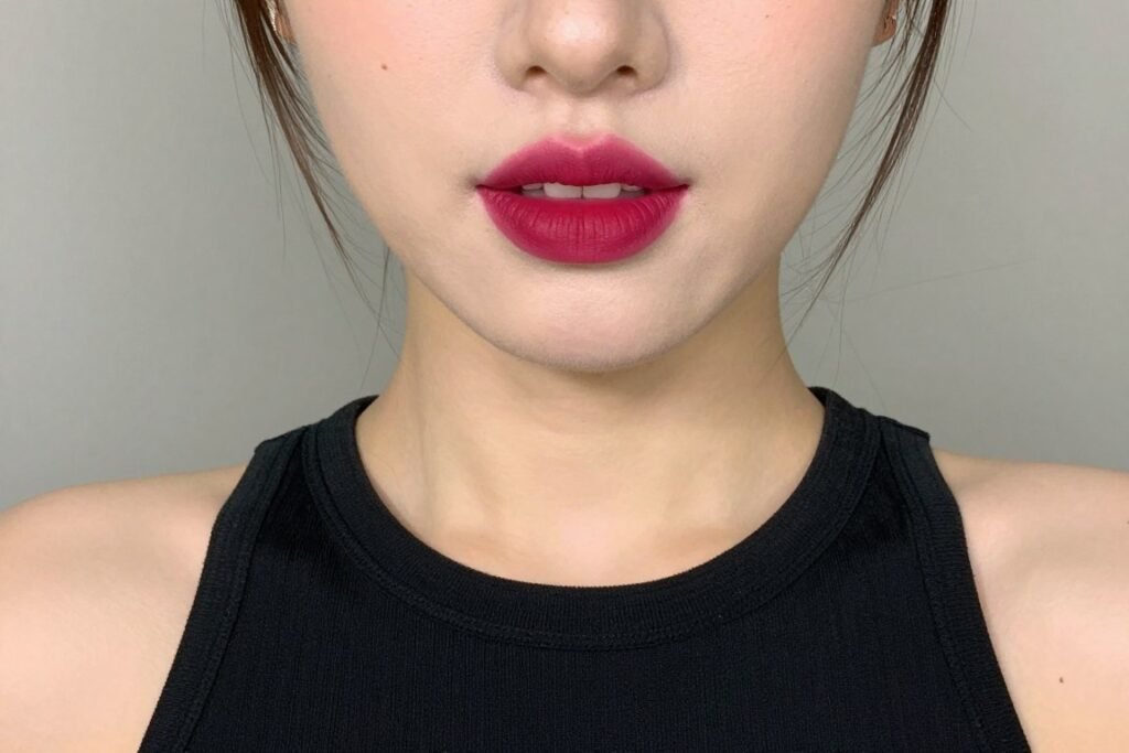 Close-up of makeup look with bold lip color paired with black dress