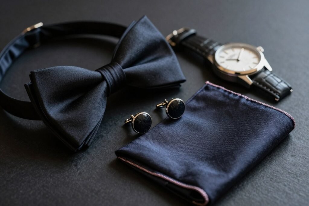 Close-up of men's formal accessories including bow tie, cufflinks, and pocket square for formal wedding guest attire