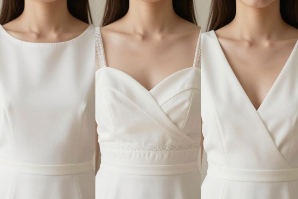 Close-up of neckline details on classic graduation dresses