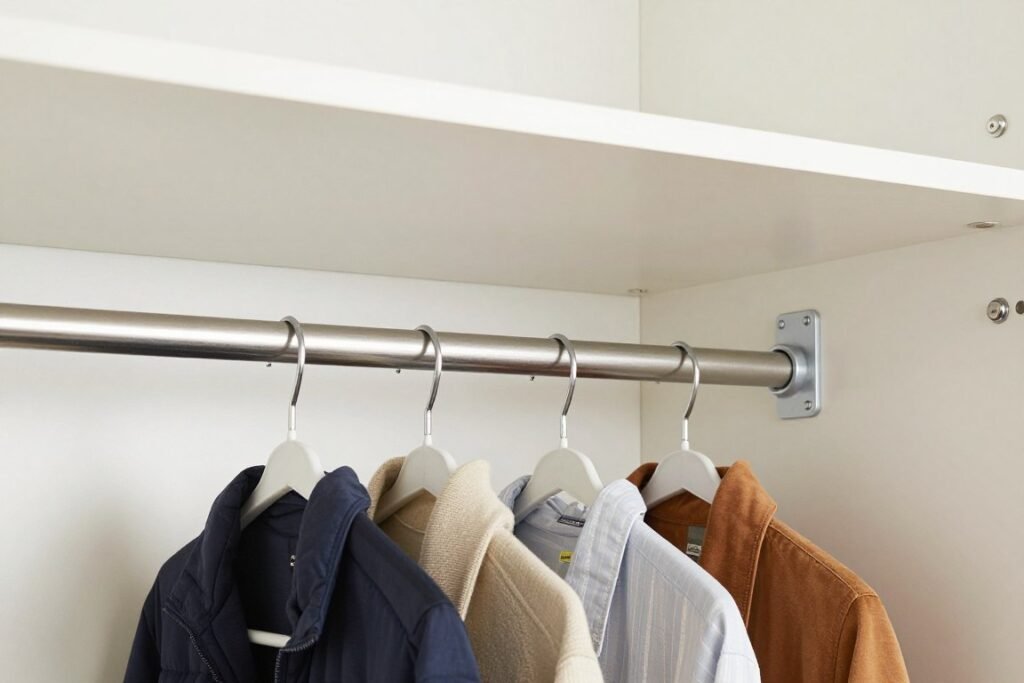 Close-up of properly installed double hanging rods in a DIY walk in closet on a budget Close-up of properly installed double hanging rods in a DIY walk in closet on a budget