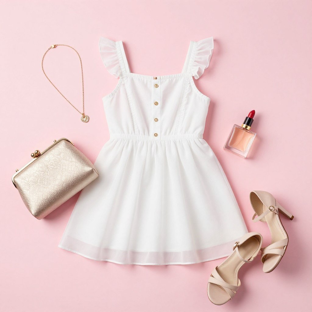 Close-up of romantic accessories paired with a white babydoll dress