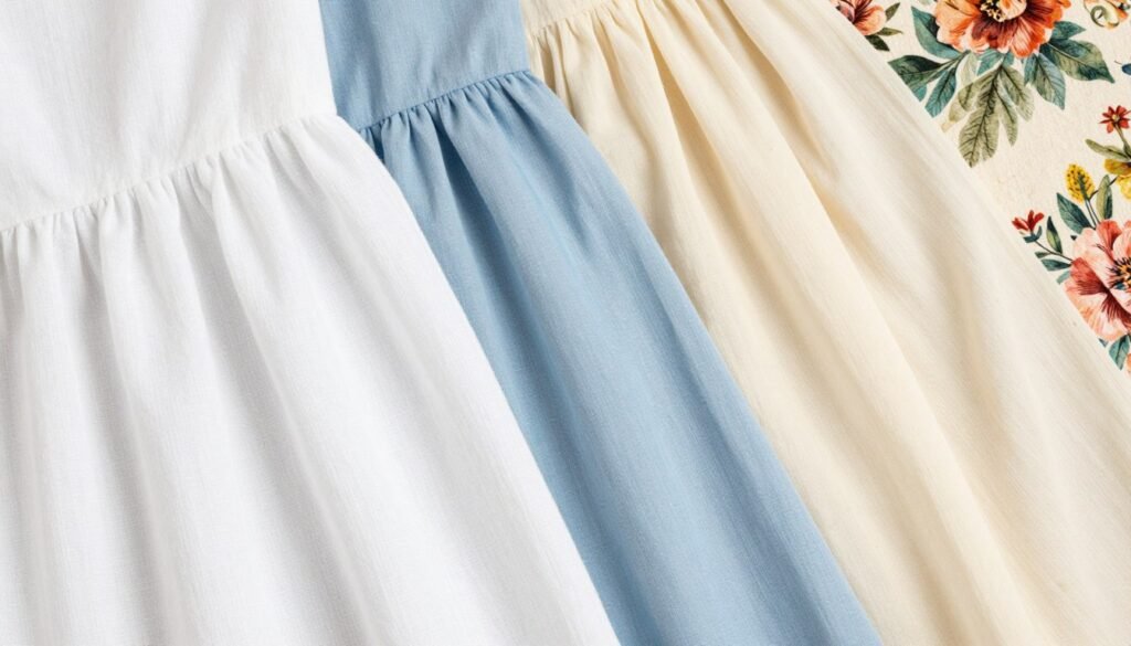 Close-up of various summer dress fabrics including linen, cotton, and chiffon