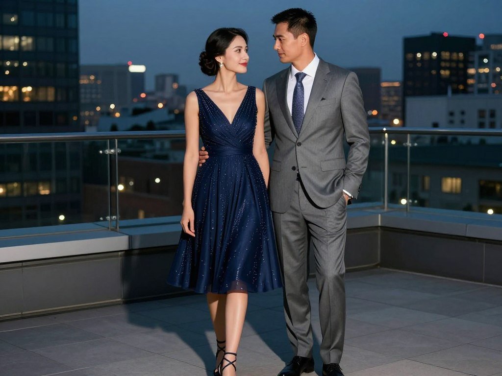Cocktail attire for an evening rooftop wedding