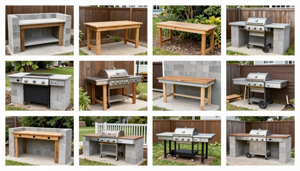 Collage of budget-friendly outdoor grill area DIY projects showing various styles and approaches