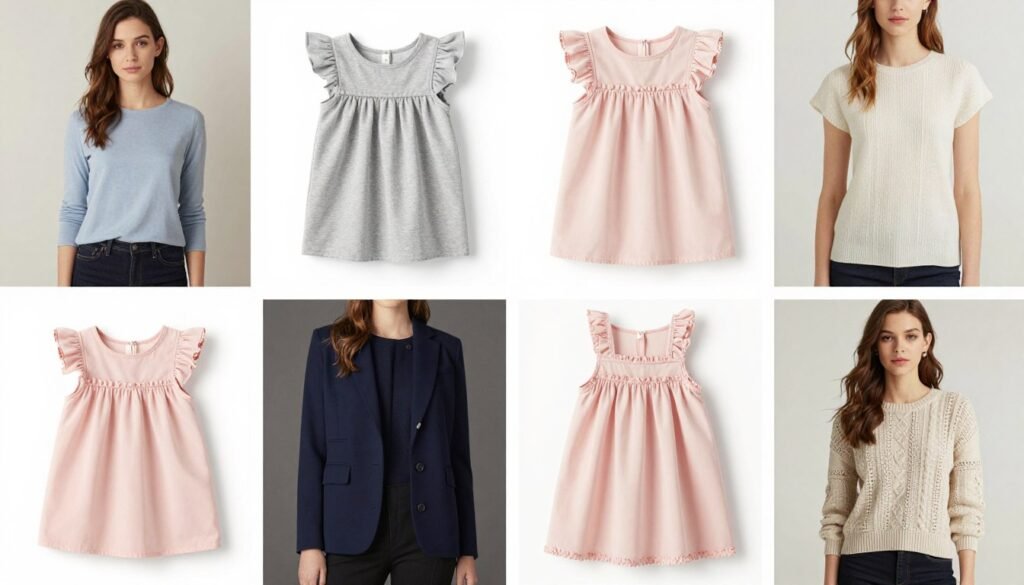 Collage of different babydoll top outfits for various occasions