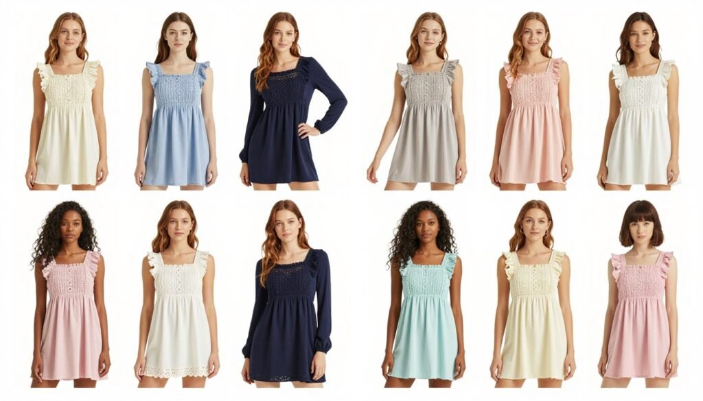 Collage of diverse babydoll top styles showing their versatility across seasons and occasions