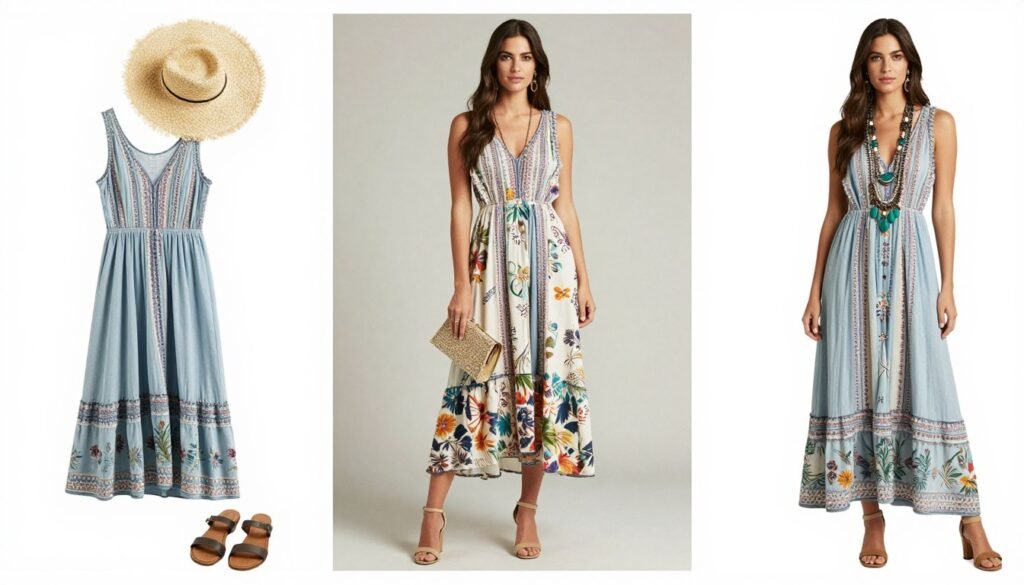 Collage of long summer dresses styled for different occasions