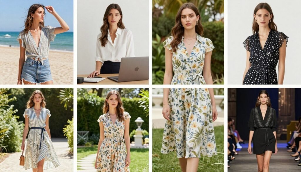Collage of women in different summer dresses for various occasions