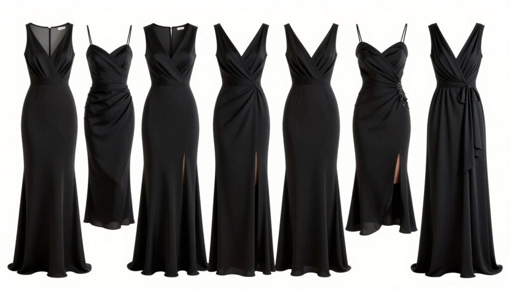 Collection of black wedding guest dresses in various styles and silhouettes