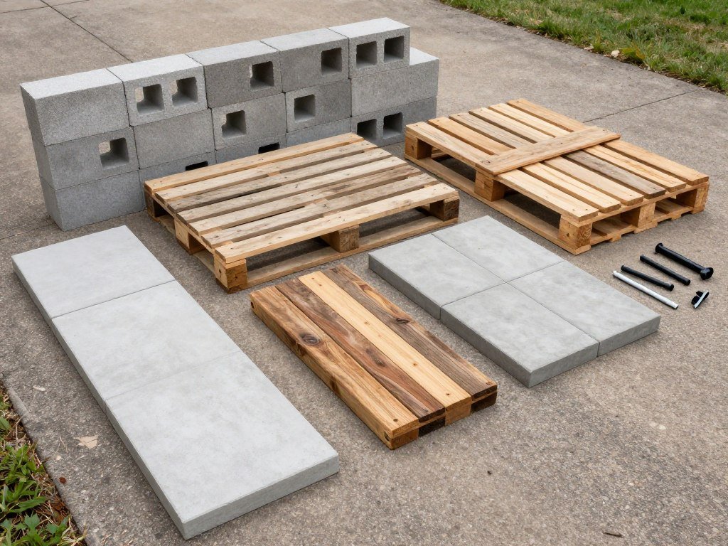 Collection of budget-friendly materials for outdoor grill area DIY project including cinder blocks, pallets, and reclaimed wood