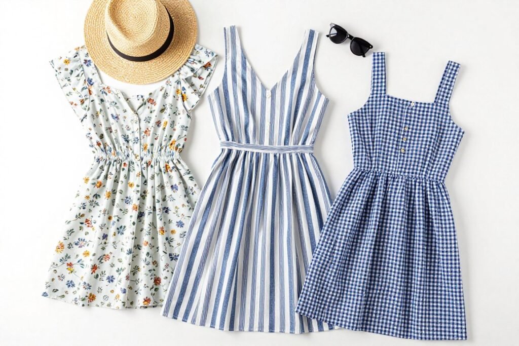 Collection of casual summer dresses displaying different prints including florals, stripes, and gingham